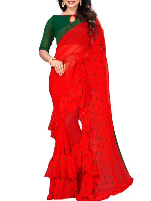 polka dots ruffle border red saree with blouse - 15978707 - Very Small Image - 1