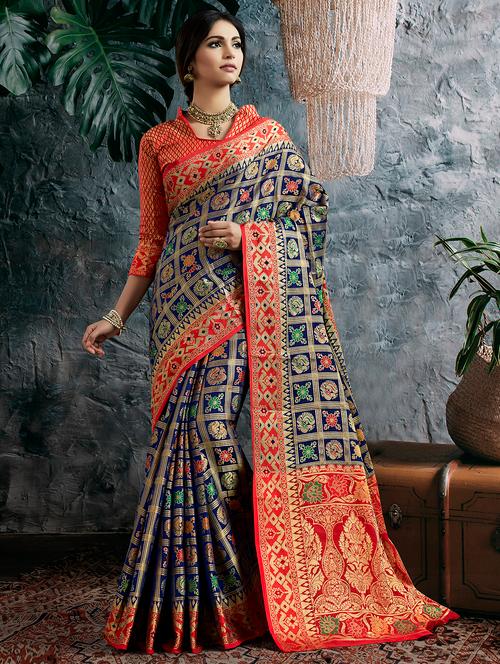 conversational zari motif blue banarasi saree with blouse - 15988487 - Very Small Image - 1
