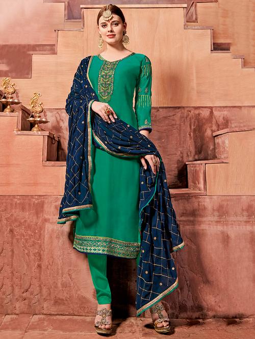 embroidered straight suits semi-stitched suit - 15989007 - Very Small Image - 1