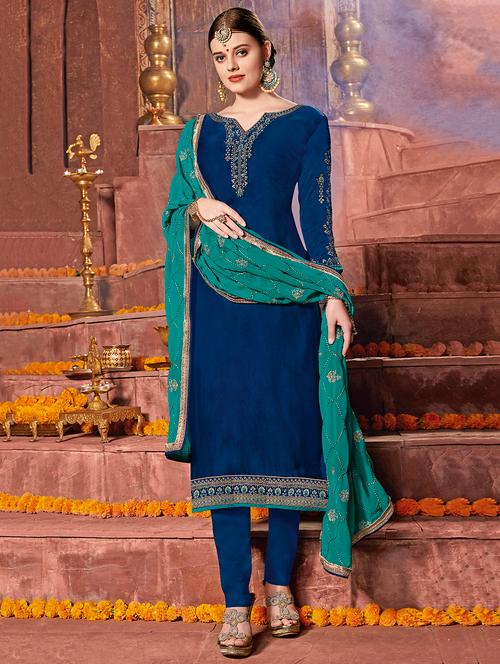 embroidered straight suits semi-stitched suit - 15989012 - Very Small Image - 1