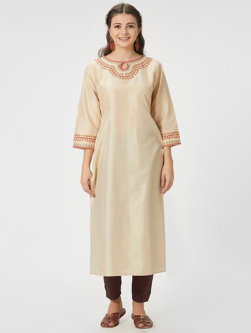 embroidered silk straight kurta - 15990181 - Very Small Image - 1