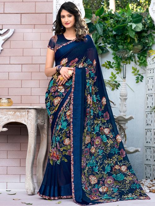 floral navy blue saree with blouse - 15990268 - Very Small Image - 1
