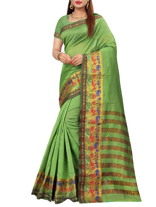 zari border green woven saree with blouse - 15997147 - Very Small Image - 1
