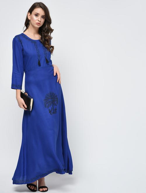 a-line block print kurta with tassels - 15998112 - Very Small Image - 1