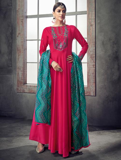 embroidered flared semi-stitched suit - 15998886 - Very Small Image - 1