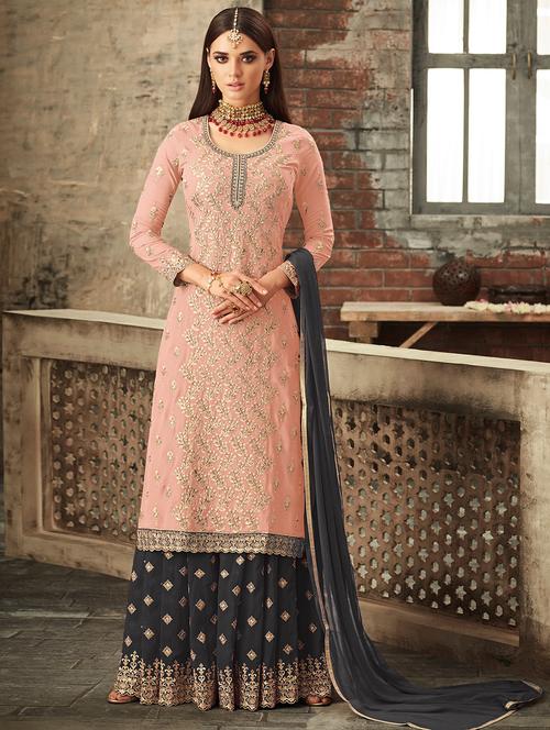 embroidered sharara semi-stitched suit - 15998939 - Very Small Image - 1