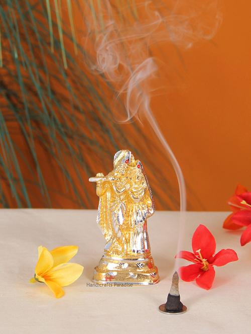 handicrafts paradise white metal radha krishna for puja and showpiece - 4.25 inch ( golden ) - 15999280 - Very Small Image - 1