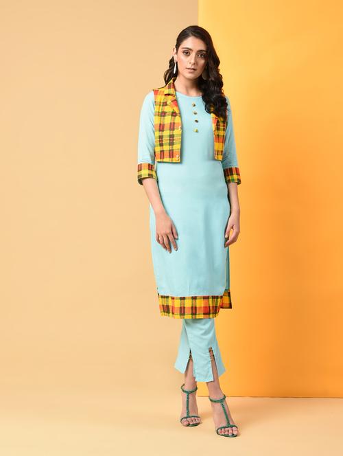 checks layered kurta with jacket - 16001381 - Very Small Image - 1