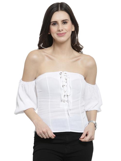 lace up detail off shoulder top - 16002442 - Very Small Image - 1
