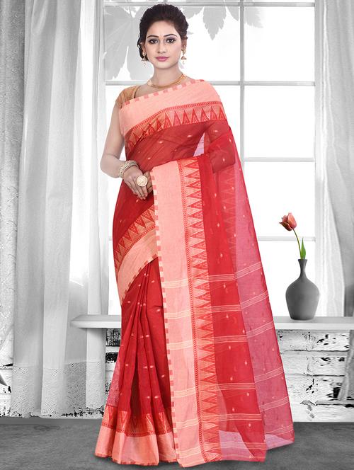 geometrical zari border red tant saree - 16003195 - Very Small Image - 1