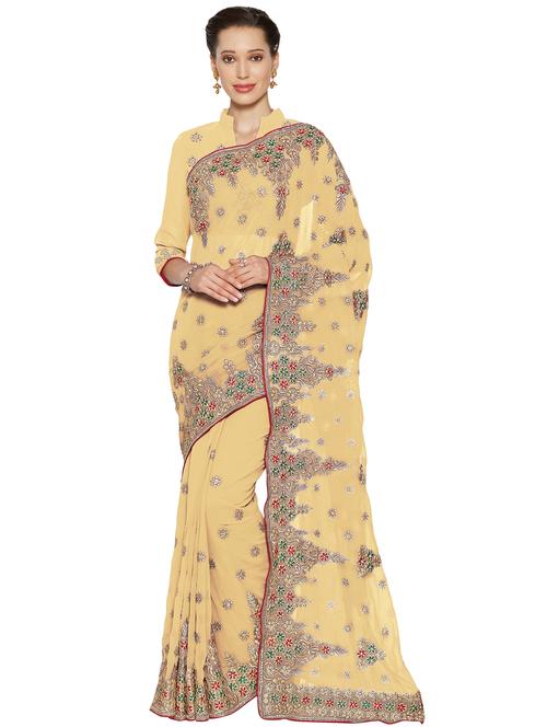 floral beige embroidered saree with blouse - 16004884 - Very Small Image - 1