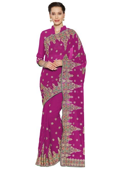 floral magenta embroidered saree with blouse - 16004885 - Very Small Image - 1