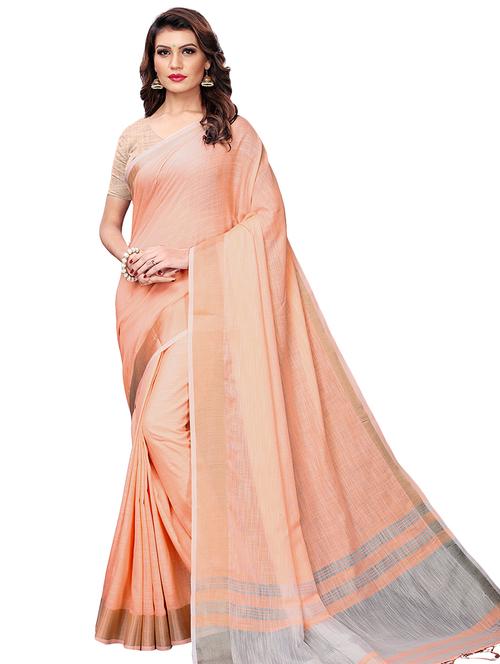 peach solid handloom saree with blouse - 16005106 - Very Small Image - 1