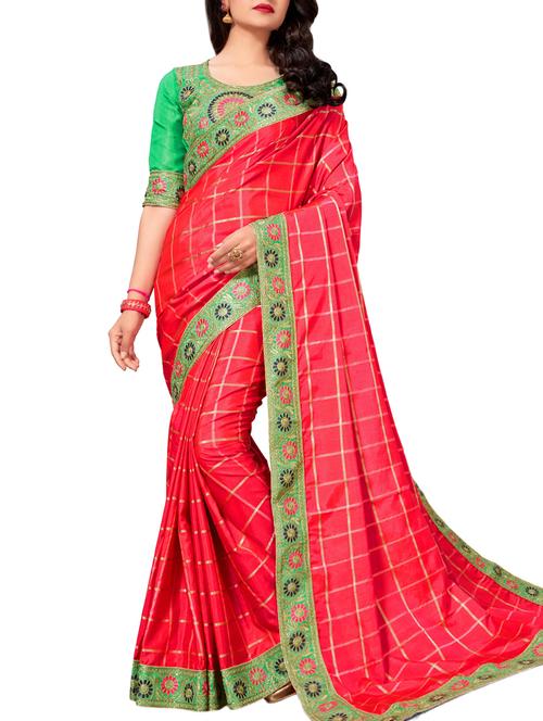checkered embroidered border saree with blouse - 16005452 - Very Small Image - 1