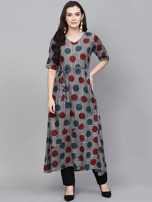 a-line printed kurta with drawstring - 16006057 - Very Small Image - 1