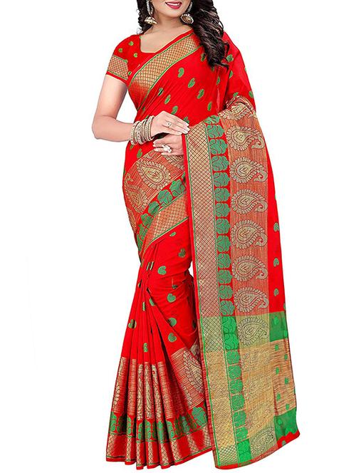 paisley motif red woven saree with blouse - 16006398 - Very Small Image - 1