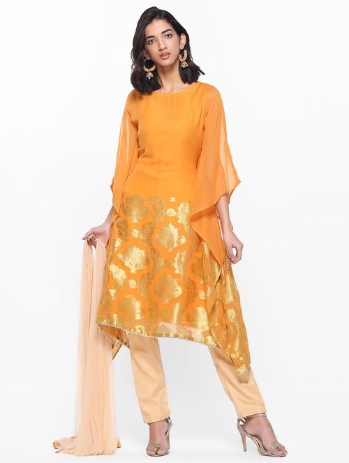 jacquard kaftan kurta with pant & dupatta set - 16006469 - Very Small Image - 1