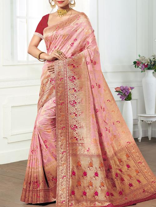 floral zari motif pink kanjivaram saree with blouse - 16006642 - Very Small Image - 1