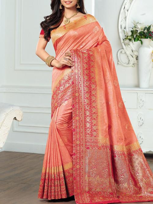 floral zari border peach kanjivaram saree with blouse - 16006647 - Very Small Image - 1