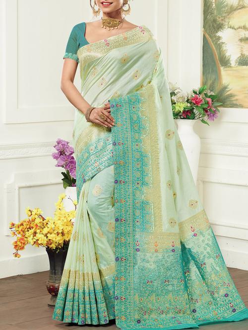 floral zari border turquoise kanjivaram saree with blouse - 16006652 - Very Small Image - 1