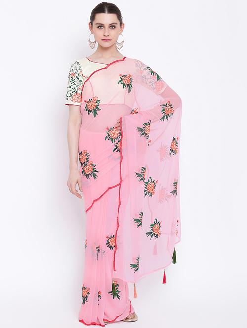 floral pink embroidered saree with blouse - 16007169 - Very Small Image - 1