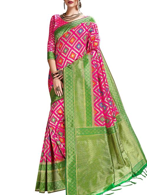 geometrical zari motif pink banarasi saree with blouse - 16007975 - Very Small Image - 1