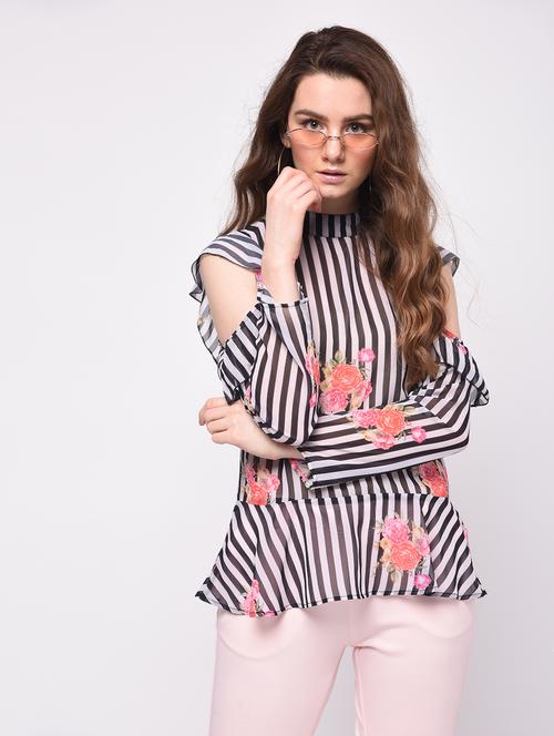 ruffled cold shoulder striped floral top - 16009026 - Very Small Image - 1