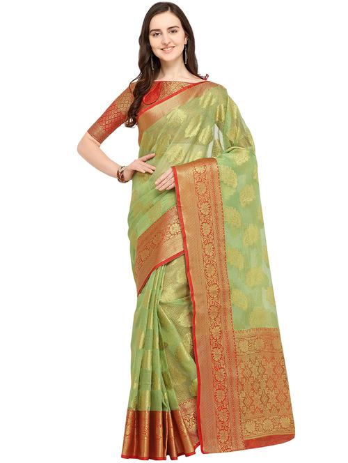 ethnic zari motif green banarasi saree with blouse - 16009740 - Very Small Image - 1