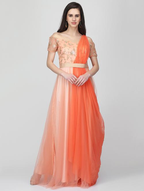 embroidered net off shoulder gown - 16013148 - Very Small Image - 1