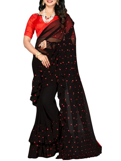 polka dots ruffle border saree with blouse - 16013392 - Very Small Image - 1