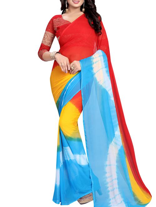 contrast shades tie & dye saree with blouse - 16014045 - Very Small Image - 1