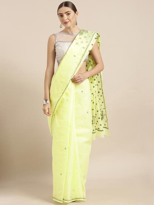 floral yellow chikankari saree - 16016609 - Very Small Image - 1