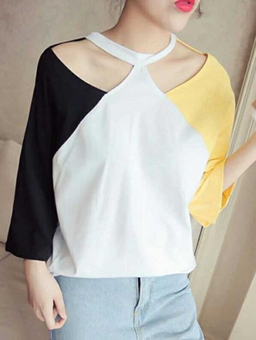 cut out neck color block top - 16017614 - Very Small Image - 1