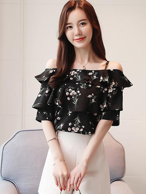 cold shoulder floral ruffle top - 16017628 - Very Small Image - 1