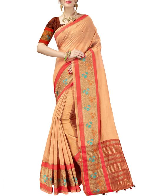 floral zari border woven saree with blouse - 16018377 - Very Small Image - 1