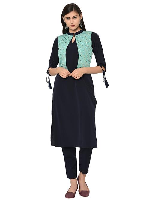 foil print drawstrings sleeved kurta with pant set - 16019792 - Very Small Image - 1