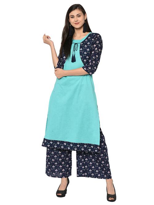 floral front drawstring kurta with palazzo set - 16019831 - Very Small Image - 1