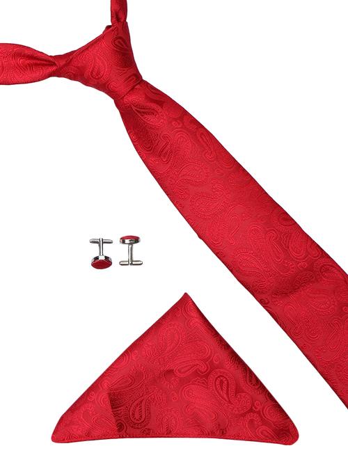 red micro fibre tie , pocket square  and cuff links combo - 16025390 - Very Small Image - 1