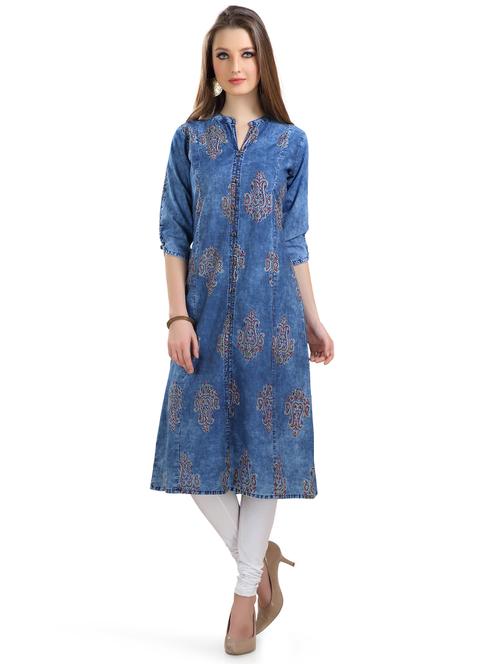 denim printed straight kurta - 16027081 - Very Small Image - 1