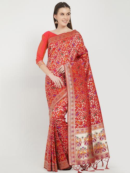 ethnic zari motifs banarasi saree with blouse - 16028090 - Very Small Image - 1