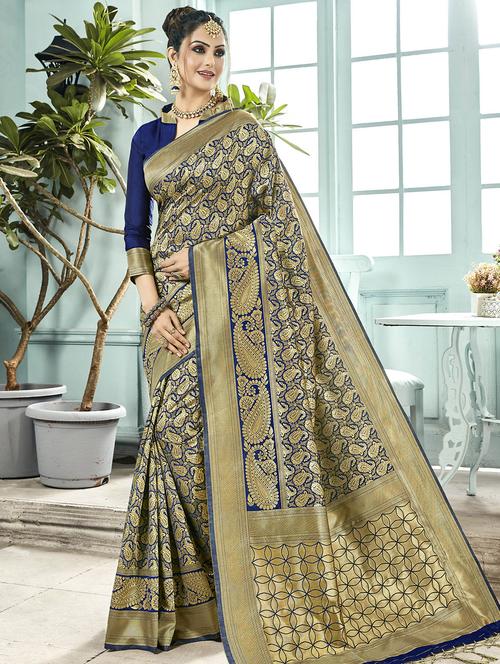paisley zari motif blue kanjivaram saree with blouse - 16029390 - Very Small Image - 1