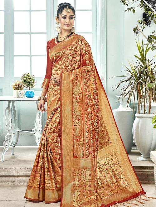 paisley zari motif orange kanjivaram saree with blouse - 16029393 - Very Small Image - 1