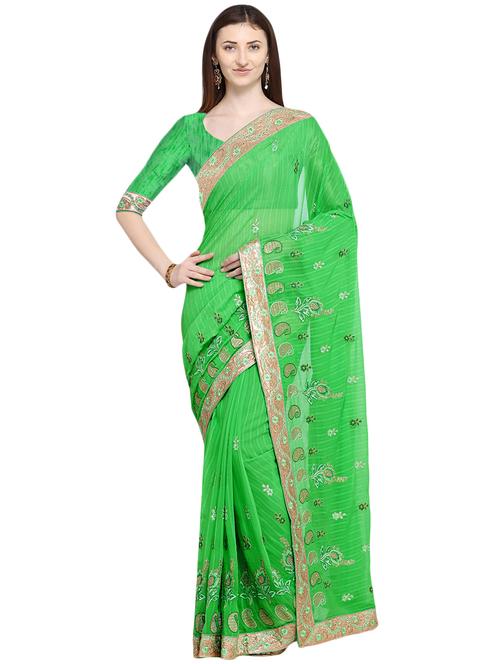 paisley green embroidered saree with blouse - 16030484 - Very Small Image - 1