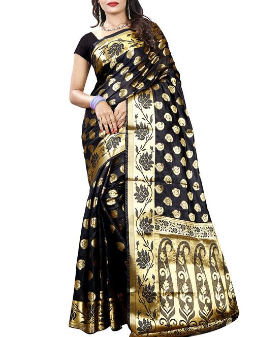 paisley zari motif black banarasi saree with blouse - 16041364 - Very Small Image - 1