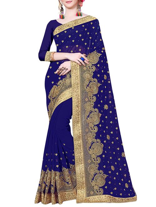 navy blue floral embroidered saree with blouse - 16041848 - Very Small Image - 1