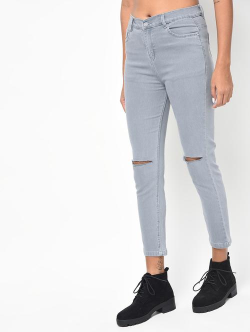 high rise knee slit jeans - 16042143 - Very Small Image - 1