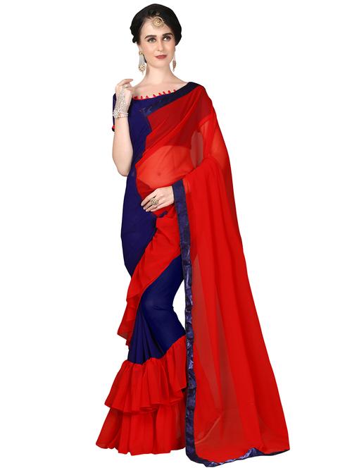 color block ruffle border saree with blouse - 16045171 - Very Small Image - 1