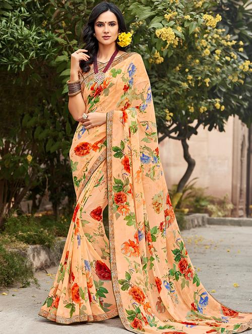 orange floral printed saree with blouse - 16047151 - Very Small Image - 1