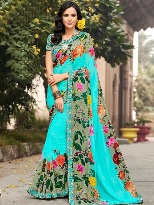 turquoise floral printed saree with blouse - 16047152 - Very Small Image - 1