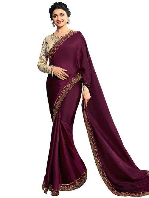 embroidered border burgundy saree - 16048893 - Very Small Image - 1